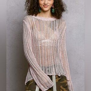 POL Openwork Round Neck Knit Cover Up - Sheer Long Sleeve Boho Sweater Lt Pink